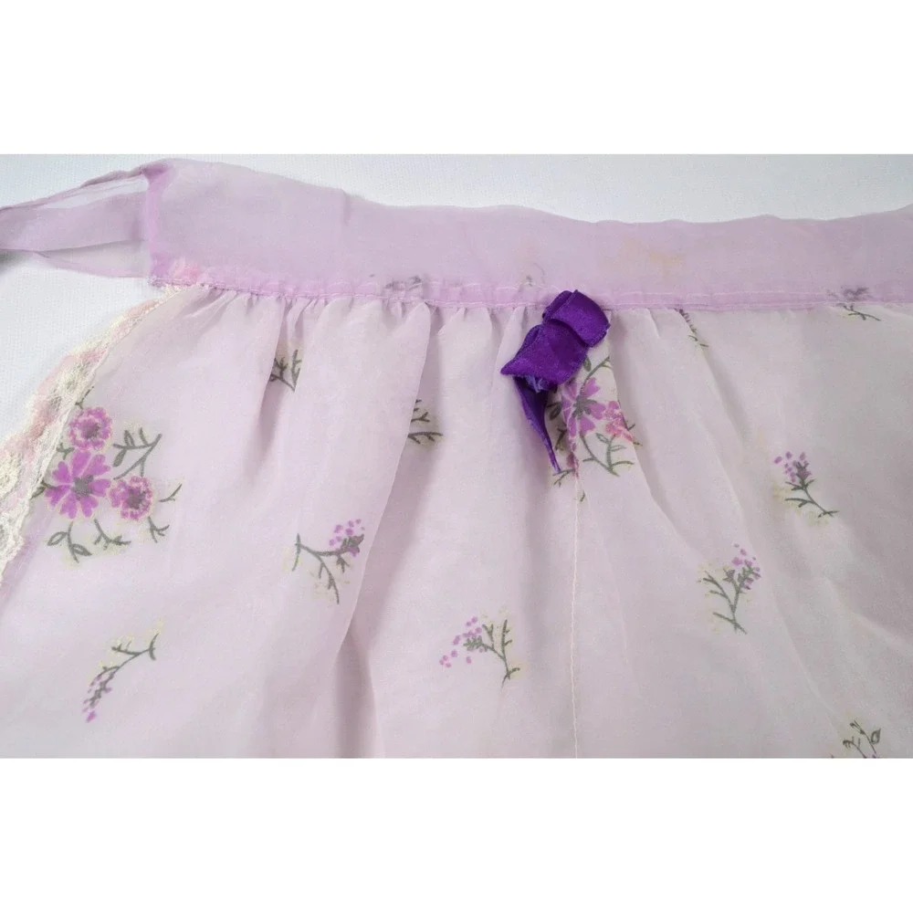 Vintage MCM 60s Half‎ Apron Sheer Purple Floral Pockets Waist Band 17
